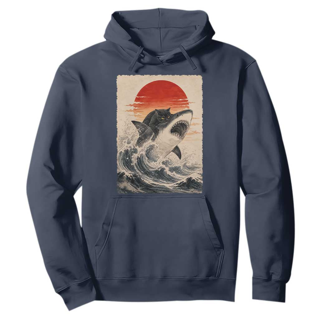 Black Cat Hunting Shark Ukiyo e Ocean Art Hoodie Funny Japanese Style Graphic TS11 Navy Print Your Wear