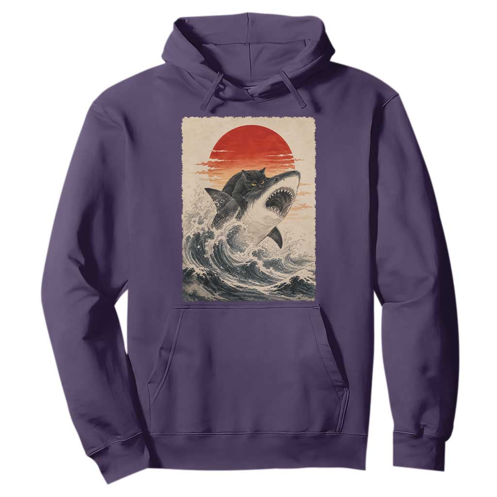 Black Cat Hunting Shark Ukiyo e Ocean Art Hoodie Funny Japanese Style Graphic TS11 Purple Print Your Wear