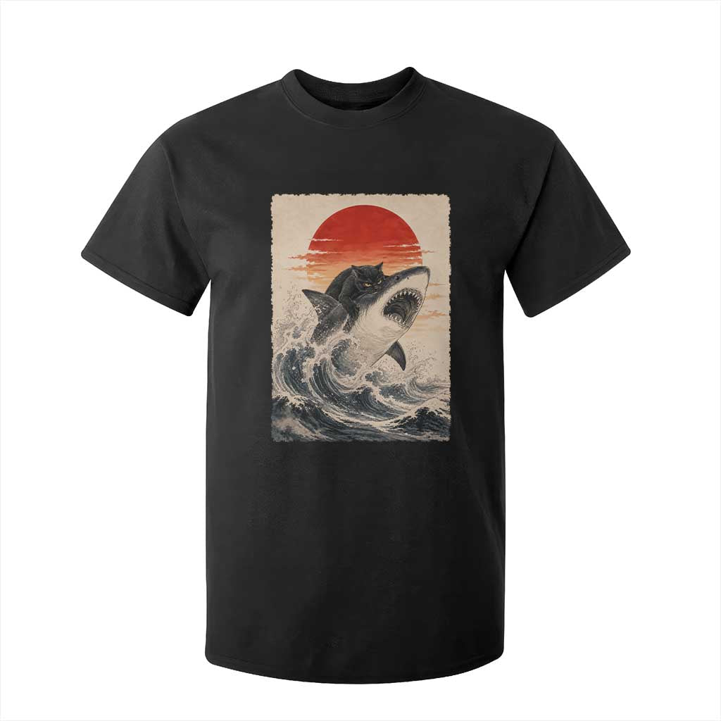 Black Cat Hunting Shark Ukiyo e Ocean Art T Shirt For Kid Funny Japanese Style Graphic TS11 Black Print Your Wear