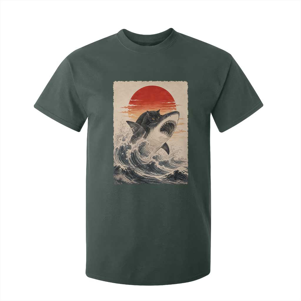 Black Cat Hunting Shark Ukiyo e Ocean Art T Shirt For Kid Funny Japanese Style Graphic TS11 Dark Forest Green Print Your Wear