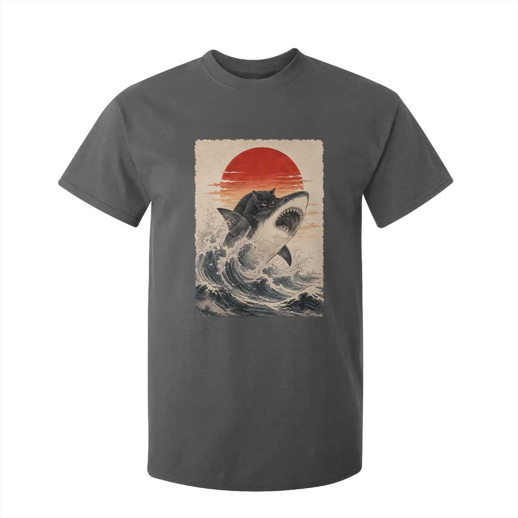 Black Cat Hunting Shark Ukiyo e Ocean Art T Shirt For Kid Funny Japanese Style Graphic TS11 Dark Heather Print Your Wear