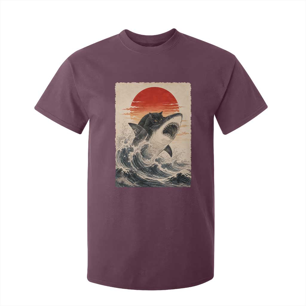Black Cat Hunting Shark Ukiyo e Ocean Art T Shirt For Kid Funny Japanese Style Graphic TS11 Maroon Print Your Wear