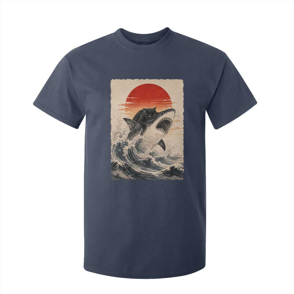 Black Cat Hunting Shark Ukiyo e Ocean Art T Shirt For Kid Funny Japanese Style Graphic TS11 Navy Print Your Wear