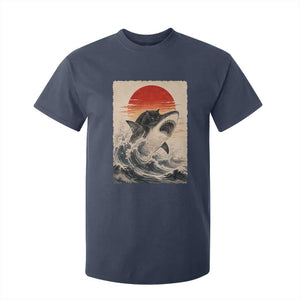 Black Cat Hunting Shark Ukiyo e Ocean Art T Shirt For Kid Funny Japanese Style Graphic TS11 Navy Print Your Wear