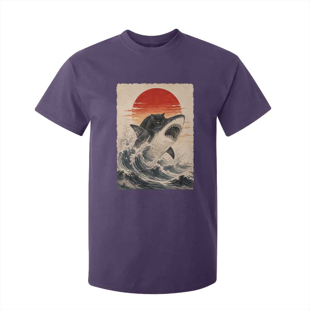 Black Cat Hunting Shark Ukiyo e Ocean Art T Shirt For Kid Funny Japanese Style Graphic TS11 Purple Print Your Wear