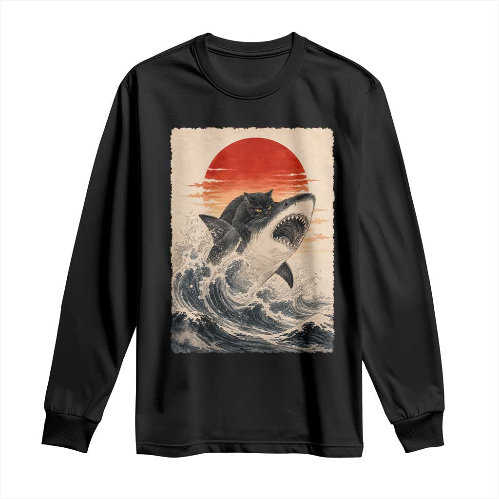 Black Cat Hunting Shark Ukiyo e Ocean Art Long Sleeve Shirt Funny Japanese Style Graphic TS11 Black Print Your Wear