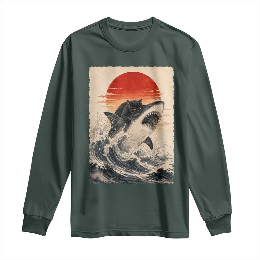 Black Cat Hunting Shark Ukiyo e Ocean Art Long Sleeve Shirt Funny Japanese Style Graphic TS11 Dark Forest Green Print Your Wear