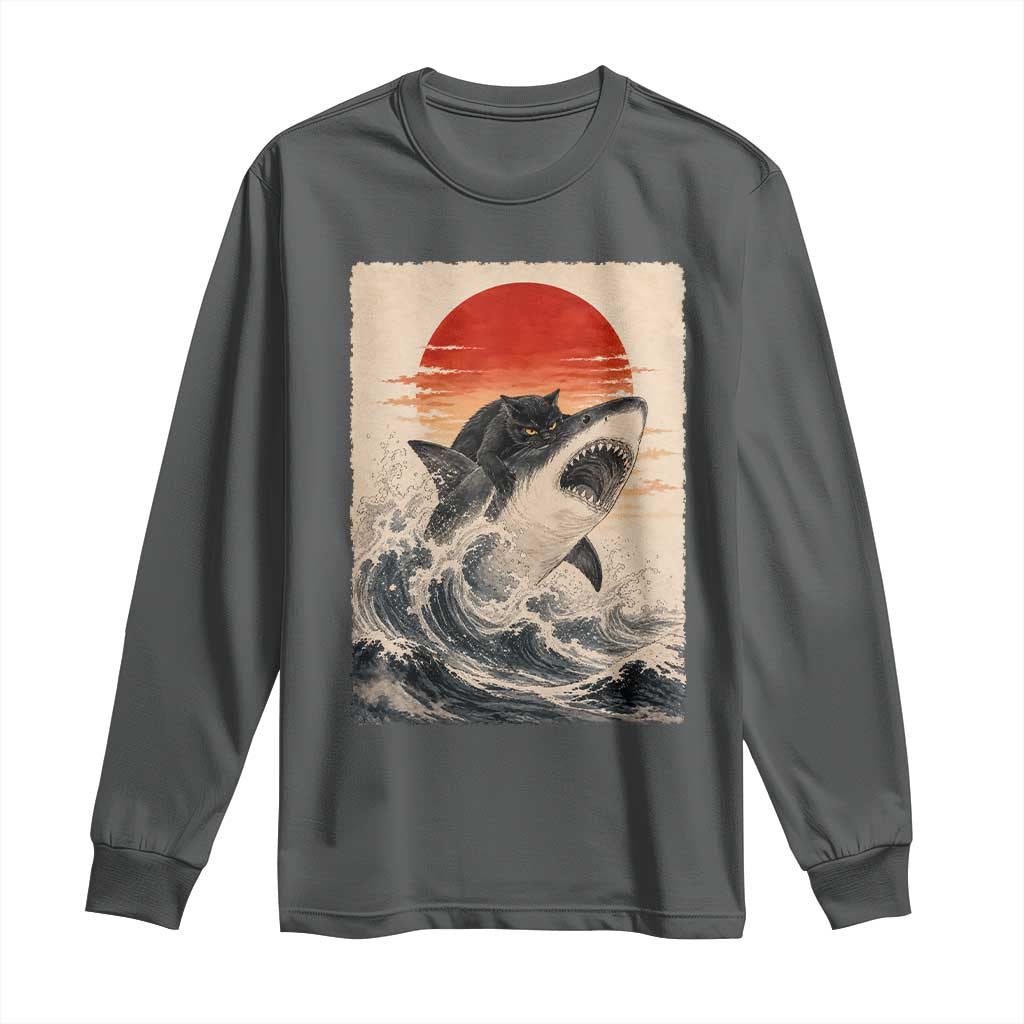 Black Cat Hunting Shark Ukiyo e Ocean Art Long Sleeve Shirt Funny Japanese Style Graphic TS11 Dark Heather Print Your Wear