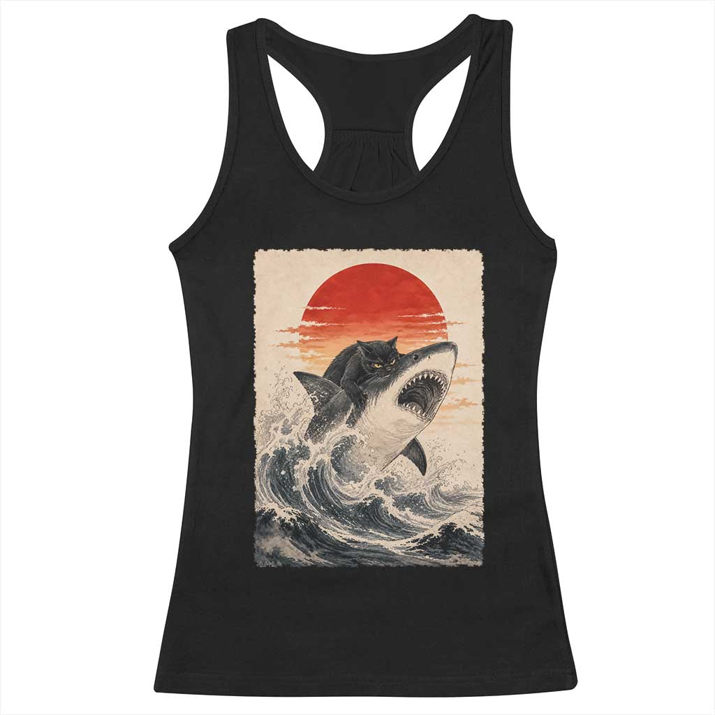Black Cat Hunting Shark Ukiyo e Ocean Art Racerback Tank Top Funny Japanese Style Graphic TS11 Black Print Your Wear