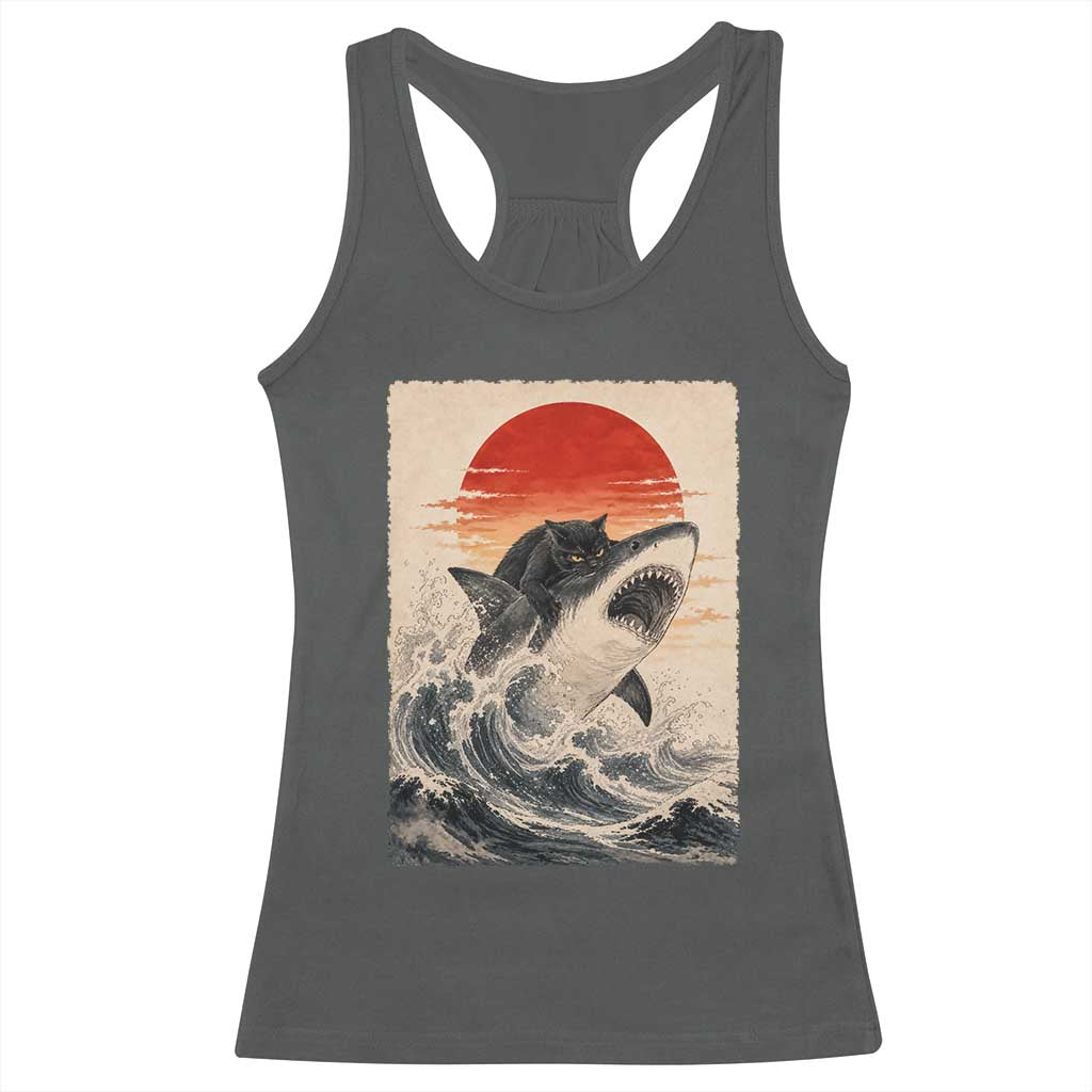 Black Cat Hunting Shark Ukiyo e Ocean Art Racerback Tank Top Funny Japanese Style Graphic TS11 Dark Heather Print Your Wear