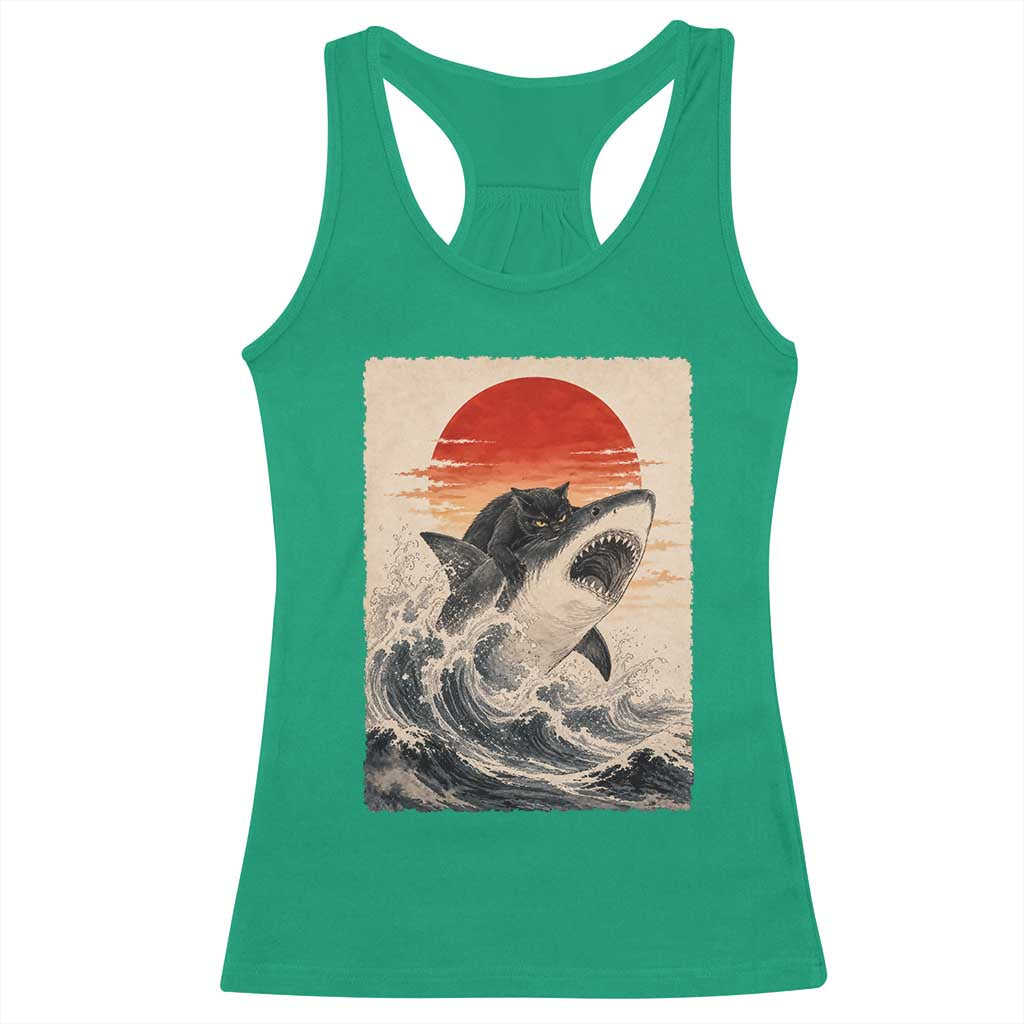 Black Cat Hunting Shark Ukiyo e Ocean Art Racerback Tank Top Funny Japanese Style Graphic TS11 Irish Green Print Your Wear