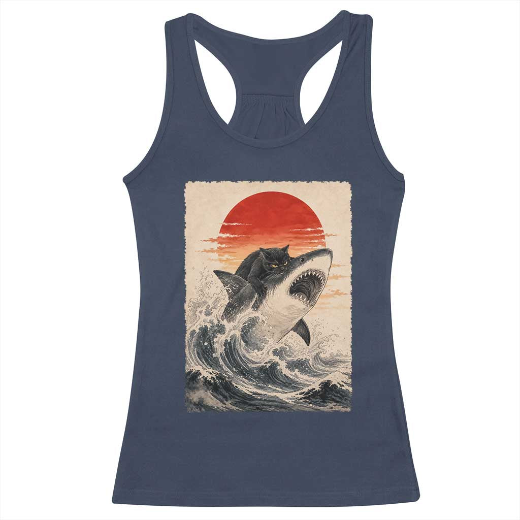 Black Cat Hunting Shark Ukiyo e Ocean Art Racerback Tank Top Funny Japanese Style Graphic TS11 Navy Print Your Wear