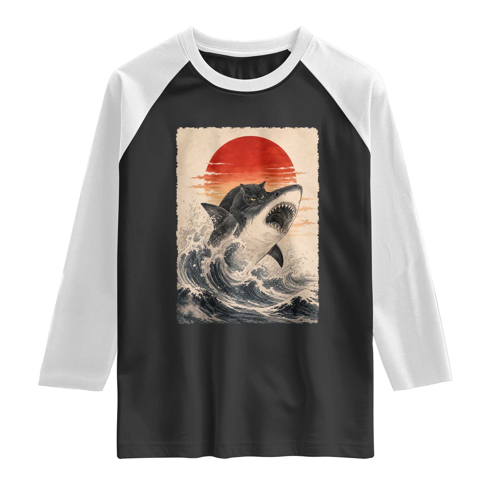Black Cat Hunting Shark Ukiyo e Ocean Art Raglan Shirt Funny Japanese Style Graphic TS11 Black White Print Your Wear