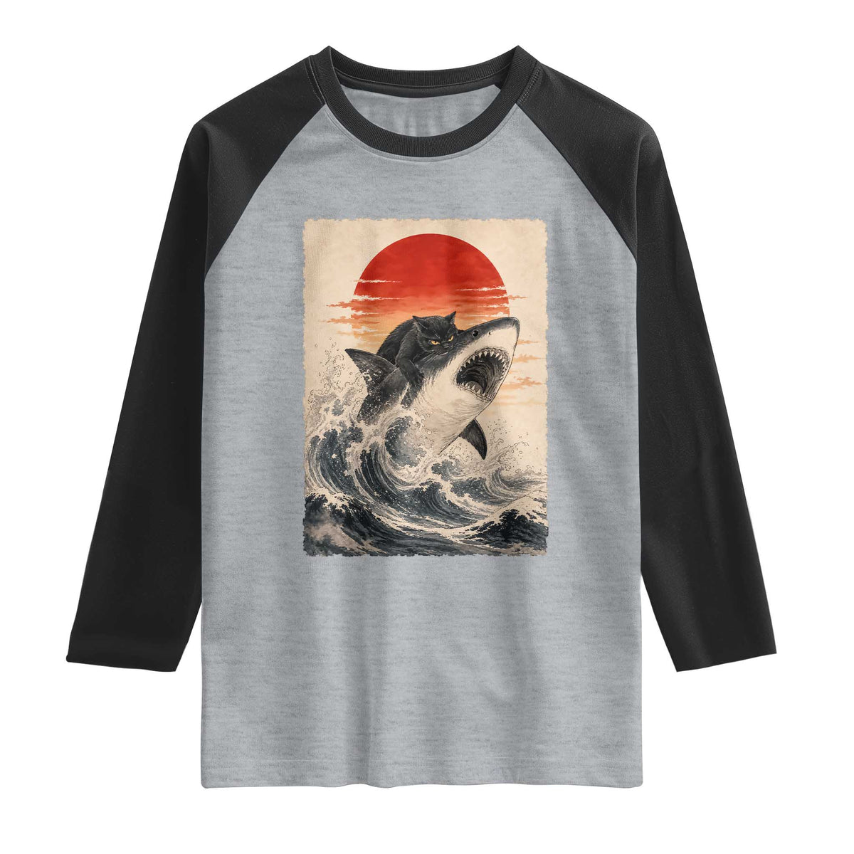 Black Cat Hunting Shark Ukiyo e Ocean Art Raglan Shirt Funny Japanese Style Graphic TS11 Heather Gray Black Print Your Wear