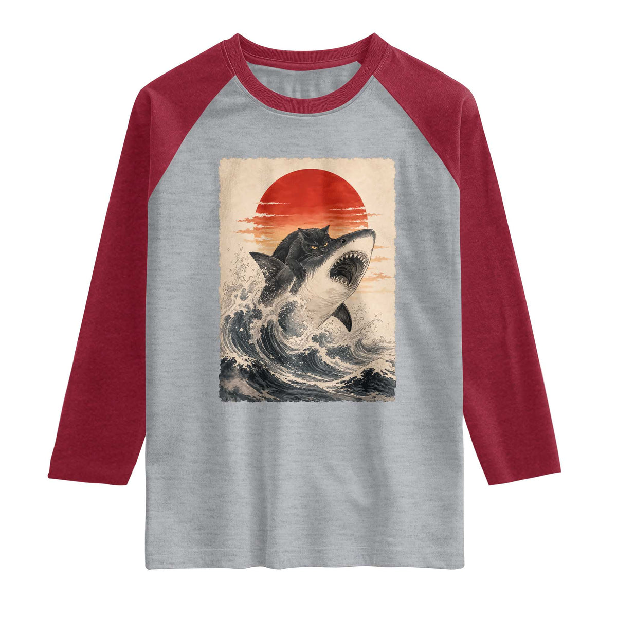 Black Cat Hunting Shark Ukiyo e Ocean Art Raglan Shirt Funny Japanese Style Graphic TS11 Heather Gray Heather Red Print Your Wear