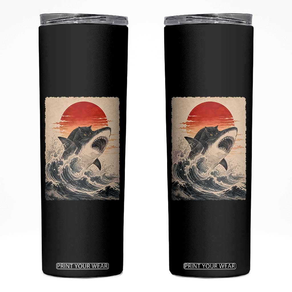 Black Cat Hunting Shark Ukiyo e Ocean Art Skinny Tumbler Funny Japanese Style Graphic TS11 Black Print Your Wear
