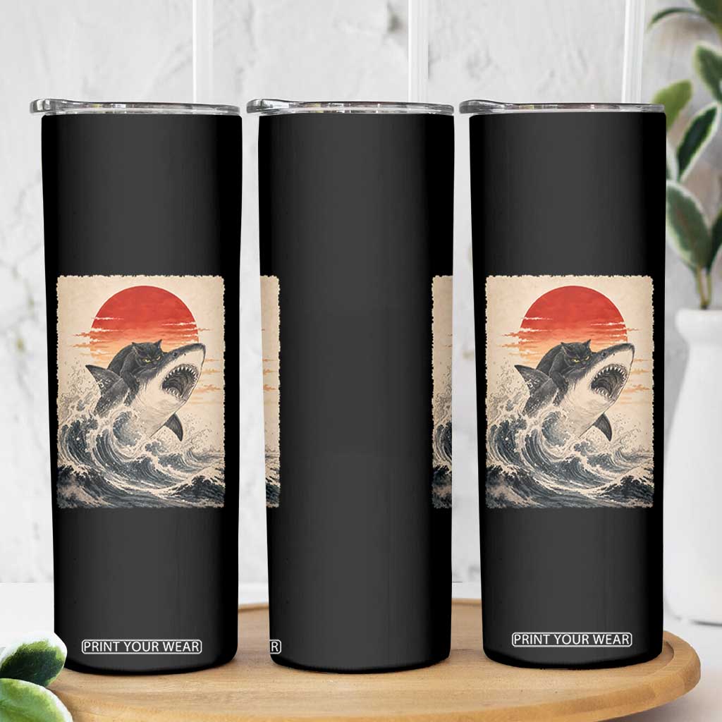 Black Cat Hunting Shark Ukiyo e Ocean Art Skinny Tumbler Funny Japanese Style Graphic TS11 Print Your Wear