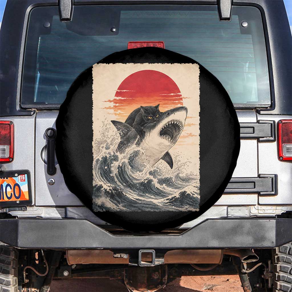 Black Cat Hunting Shark Ukiyo e Ocean Art Spare Tire Cover Funny Japanese Style Graphic TS11 No hole Black Print Your Wear