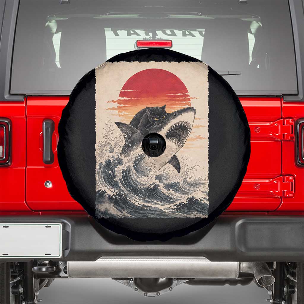 Black Cat Hunting Shark Ukiyo e Ocean Art Spare Tire Cover Funny Japanese Style Graphic TS11 Black Print Your Wear