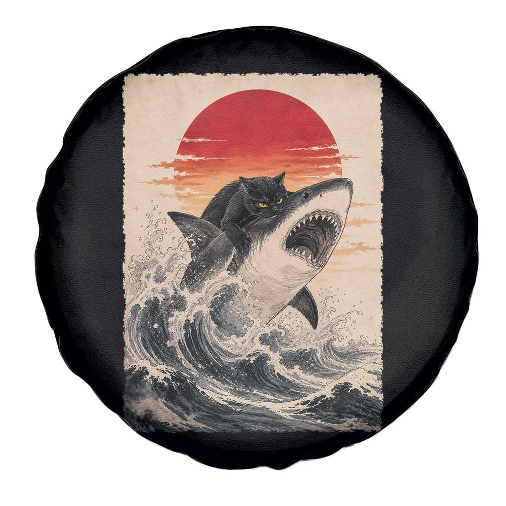 Black Cat Hunting Shark Ukiyo e Ocean Art Spare Tire Cover Funny Japanese Style Graphic TS11 Print Your Wear