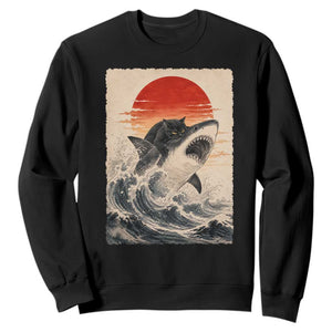 Black Cat Hunting Shark Ukiyo e Ocean Art Sweatshirt Funny Japanese Style Graphic TS11 Black Print Your Wear