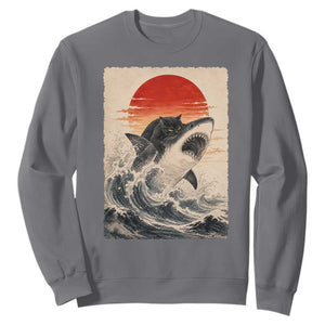 Black Cat Hunting Shark Ukiyo e Ocean Art Sweatshirt Funny Japanese Style Graphic TS11 Charcoal Print Your Wear