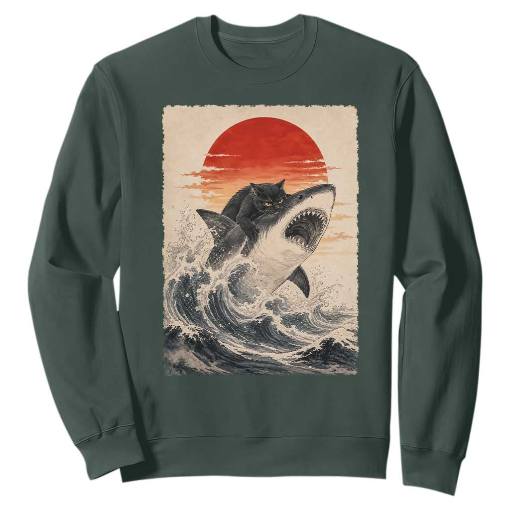 Black Cat Hunting Shark Ukiyo e Ocean Art Sweatshirt Funny Japanese Style Graphic TS11 Dark Forest Green Print Your Wear