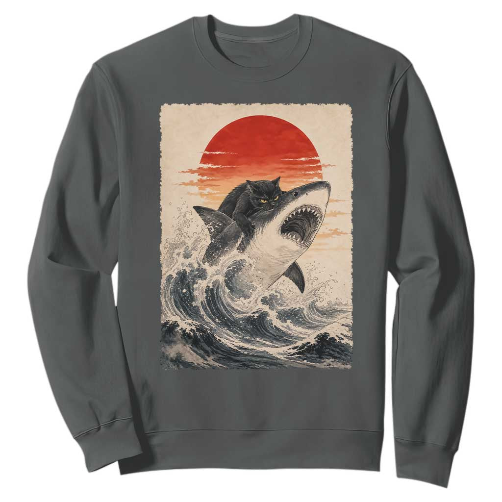 Black Cat Hunting Shark Ukiyo e Ocean Art Sweatshirt Funny Japanese Style Graphic TS11 Dark Heather Print Your Wear