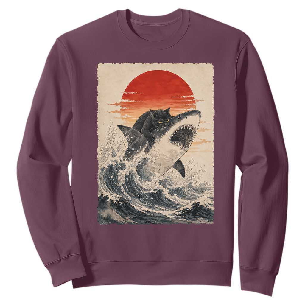 Black Cat Hunting Shark Ukiyo e Ocean Art Sweatshirt Funny Japanese Style Graphic TS11 Maroon Print Your Wear