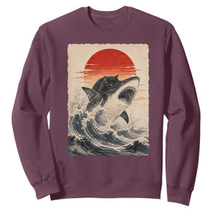 Black Cat Hunting Shark Ukiyo e Ocean Art Sweatshirt Funny Japanese Style Graphic TS11 Maroon Print Your Wear