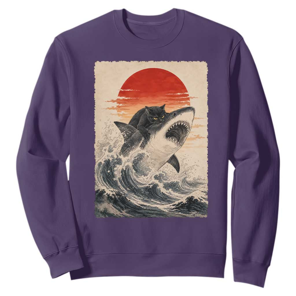 Black Cat Hunting Shark Ukiyo e Ocean Art Sweatshirt Funny Japanese Style Graphic TS11 Purple Print Your Wear