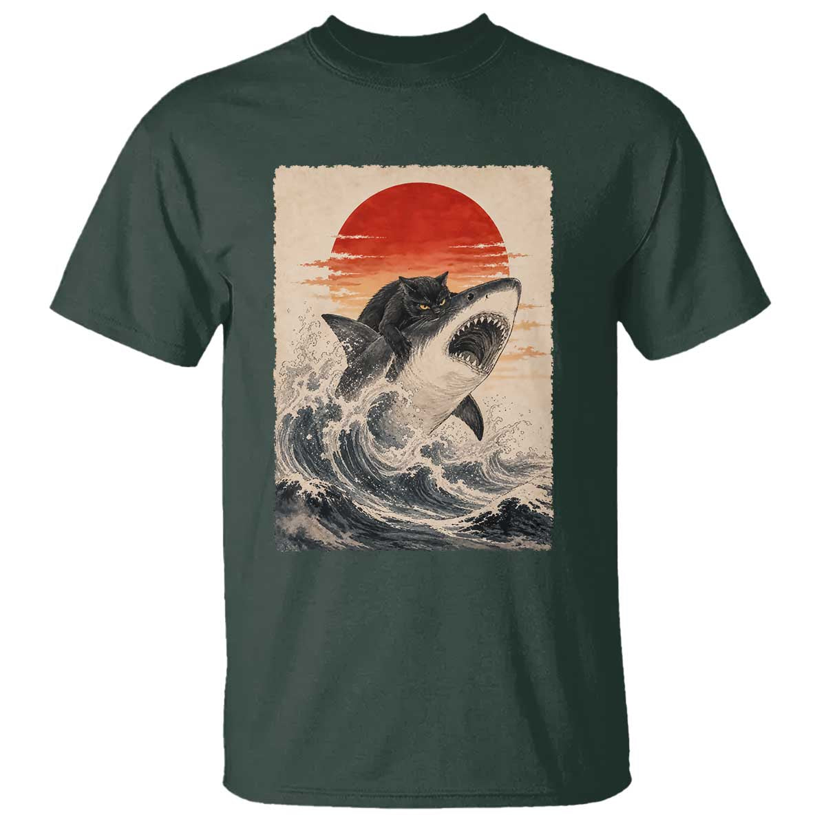 Black Cat Hunting Shark Ukiyo e Ocean Art T Shirt Funny Japanese Style Graphic TS11 Dark Forest Green Print Your Wear