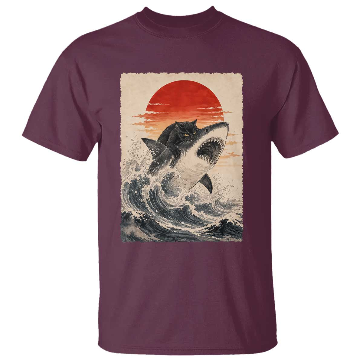 Black Cat Hunting Shark Ukiyo e Ocean Art T Shirt Funny Japanese Style Graphic TS11 Maroon Print Your Wear