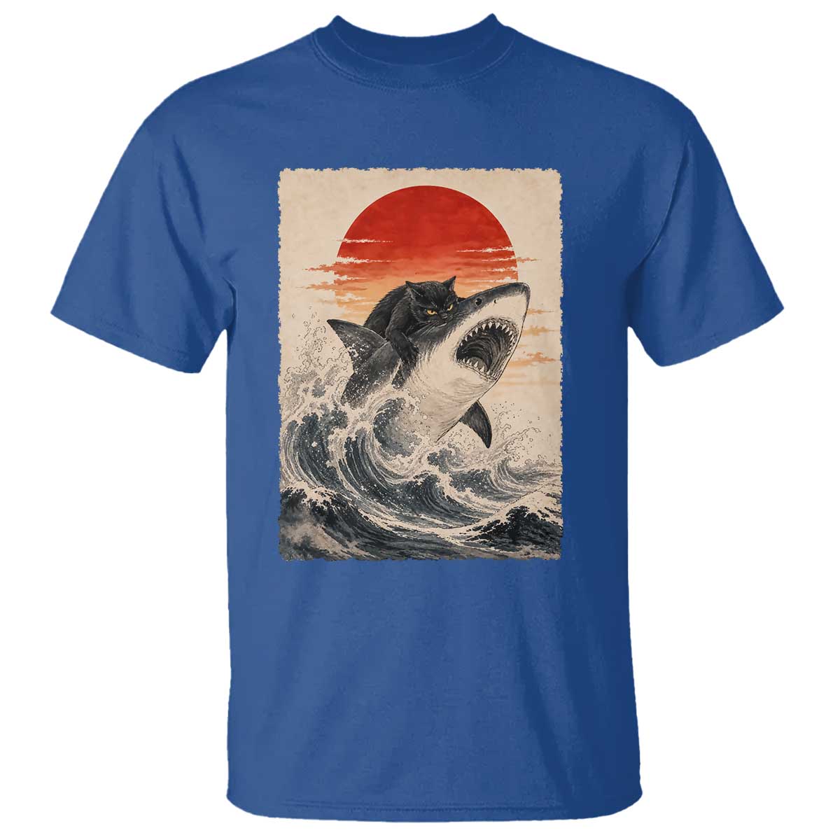 Black Cat Hunting Shark Ukiyo e Ocean Art T Shirt Funny Japanese Style Graphic TS11 Royal Blue Print Your Wear
