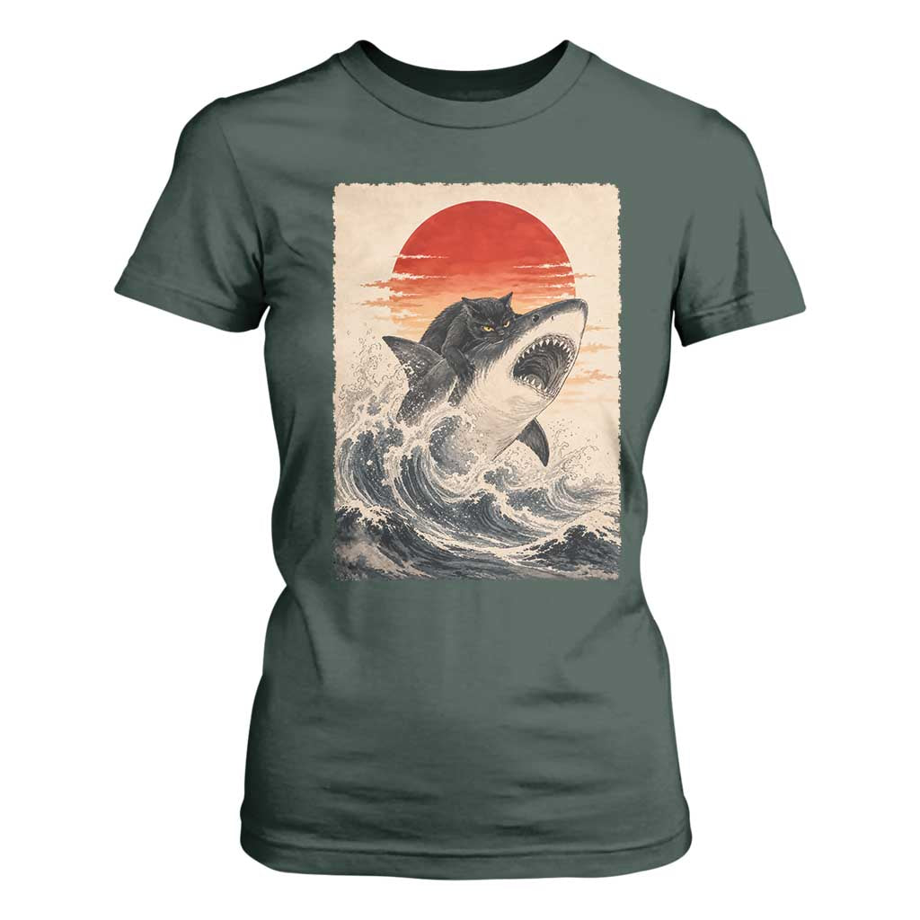 Black Cat Hunting Shark Ukiyo e Ocean Art T Shirt For Women Funny Japanese Style Graphic TS11 Dark Forest Green Print Your Wear