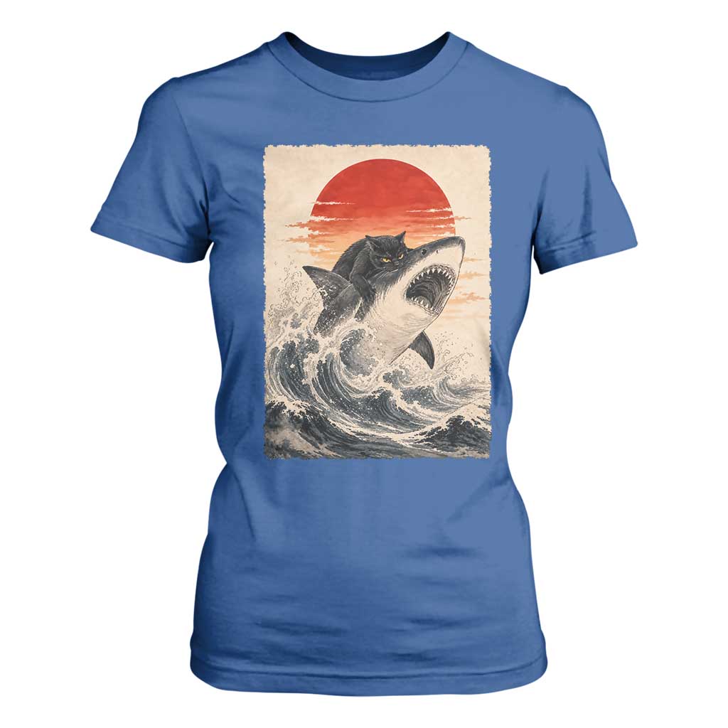 Black Cat Hunting Shark Ukiyo e Ocean Art T Shirt For Women Funny Japanese Style Graphic TS11 Royal Blue Print Your Wear