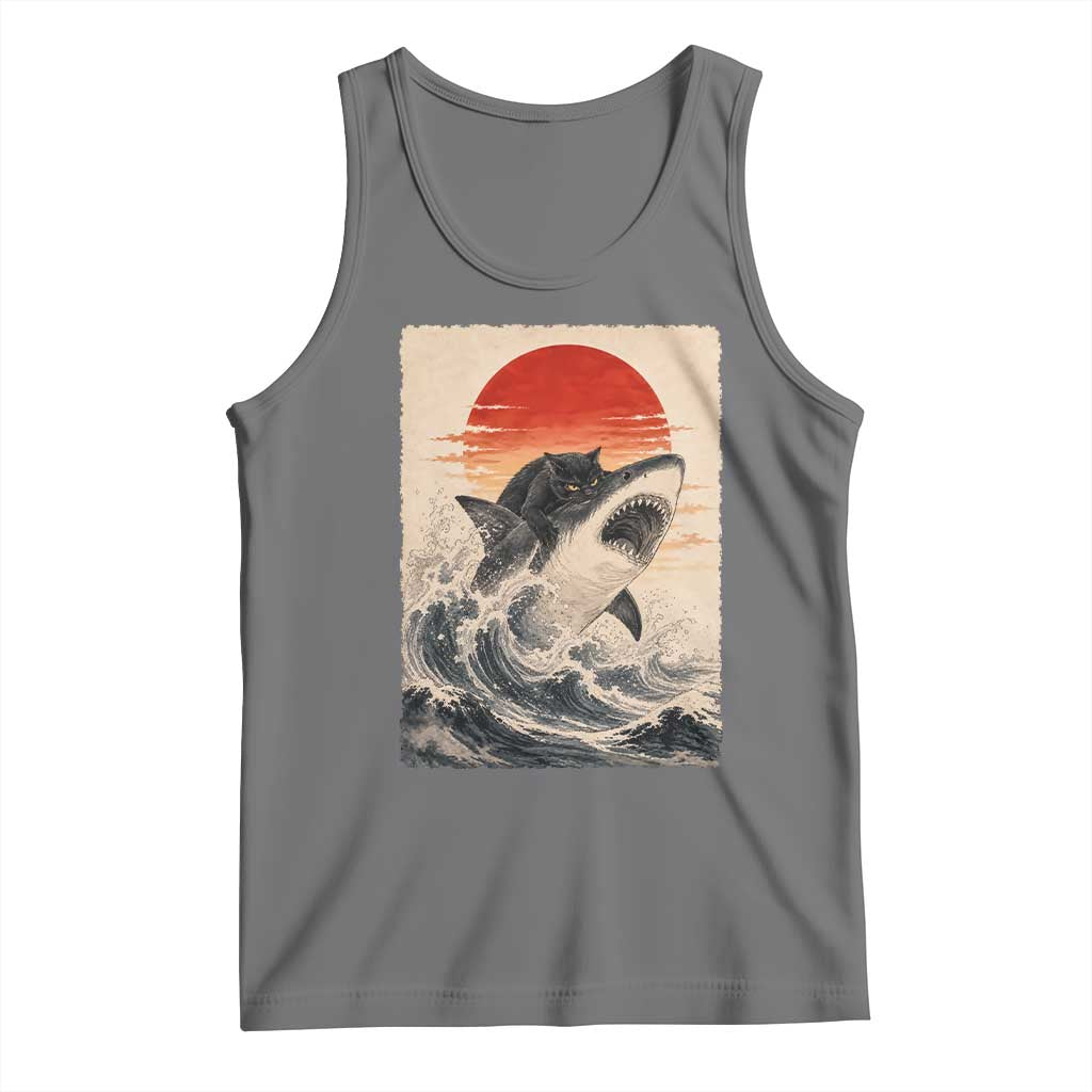 Black Cat Hunting Shark Ukiyo e Ocean Art Tank Top Funny Japanese Style Graphic TS11 Black Heather Print Your Wear