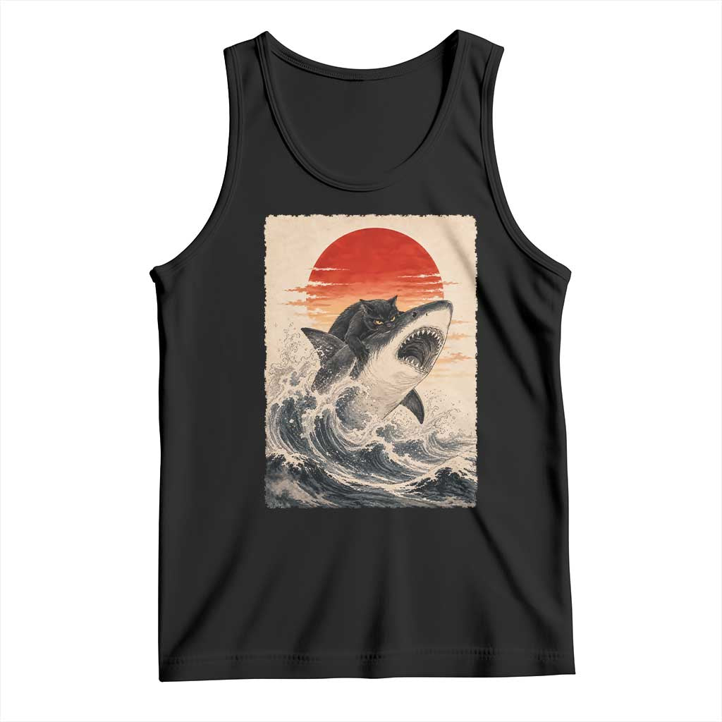 Black Cat Hunting Shark Ukiyo e Ocean Art Tank Top Funny Japanese Style Graphic TS11 Black Print Your Wear