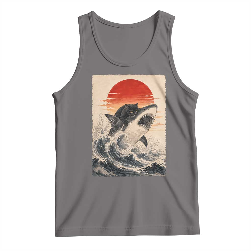 Black Cat Hunting Shark Ukiyo e Ocean Art Tank Top Funny Japanese Style Graphic TS11 Deep Heather Print Your Wear
