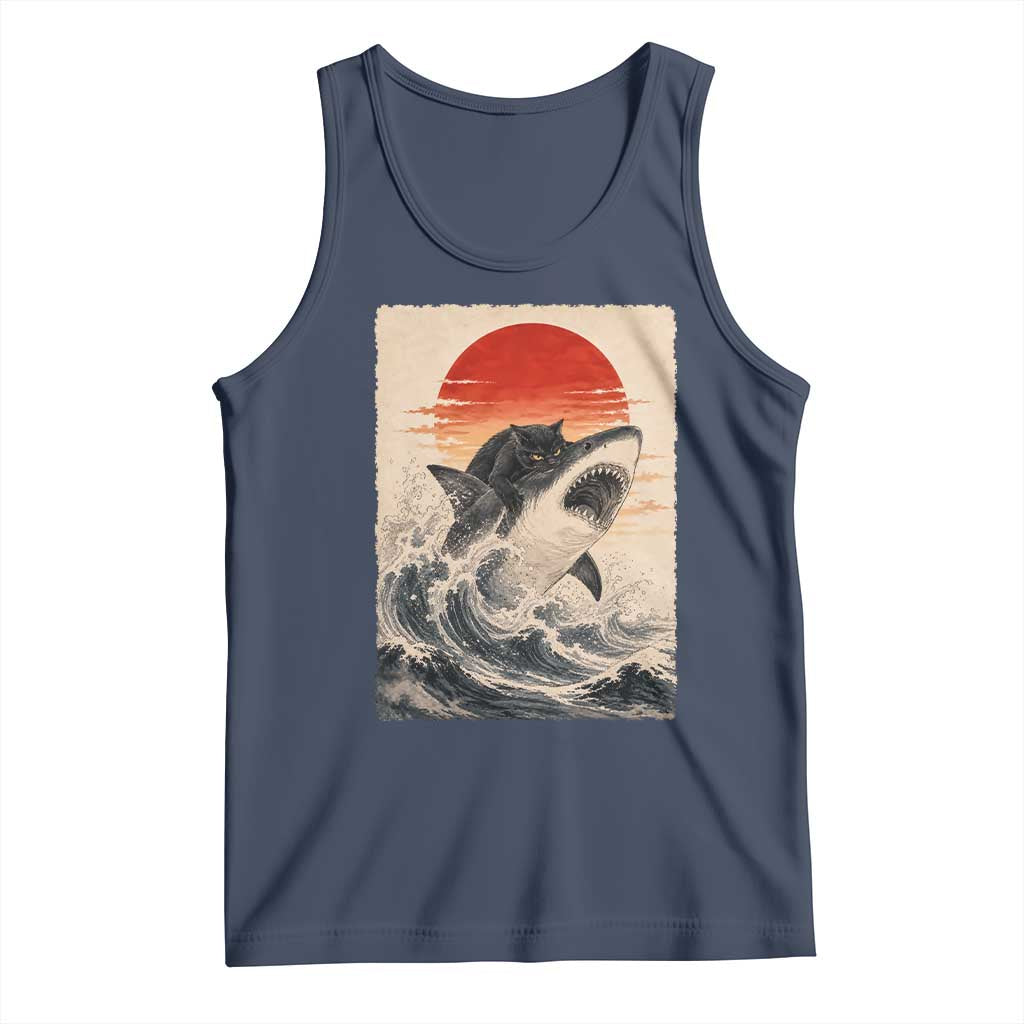 Black Cat Hunting Shark Ukiyo e Ocean Art Tank Top Funny Japanese Style Graphic TS11 Navy Print Your Wear