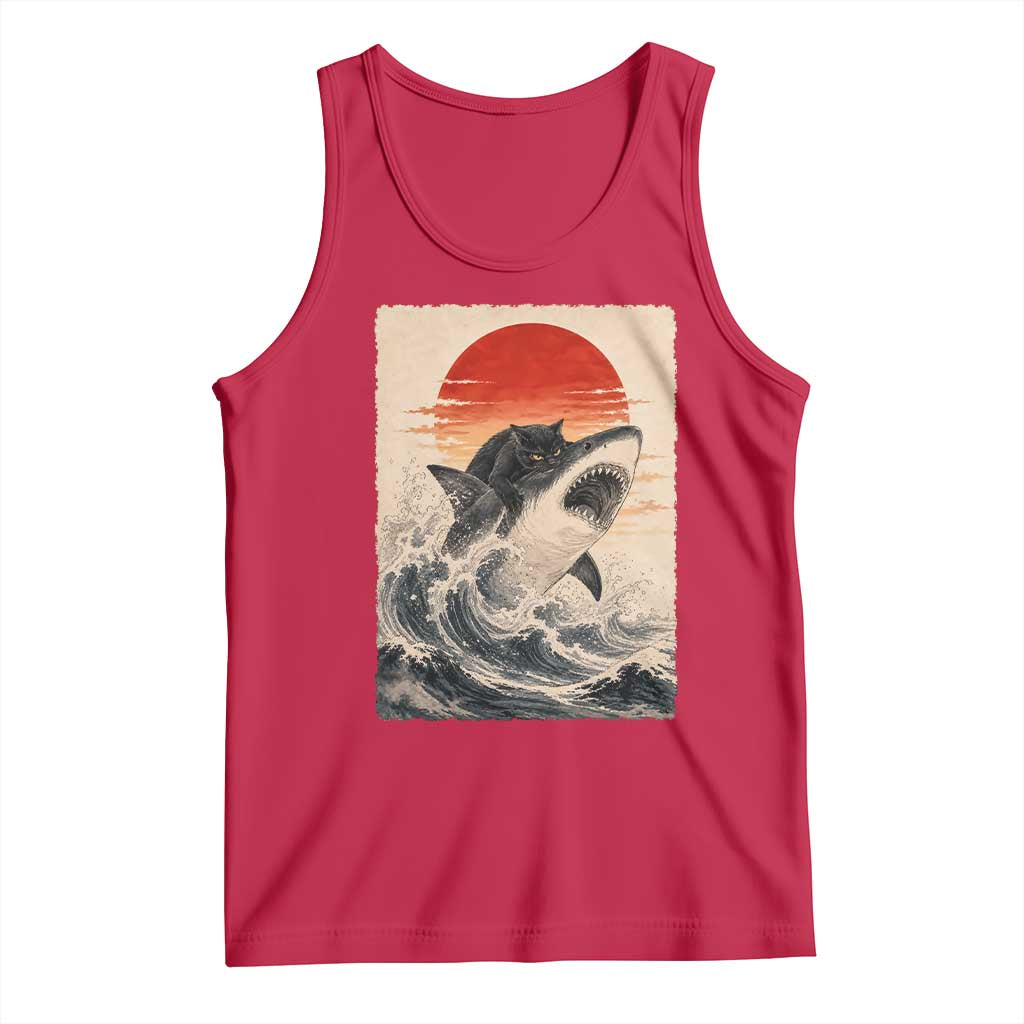 Black Cat Hunting Shark Ukiyo e Ocean Art Tank Top Funny Japanese Style Graphic TS11 Red Print Your Wear