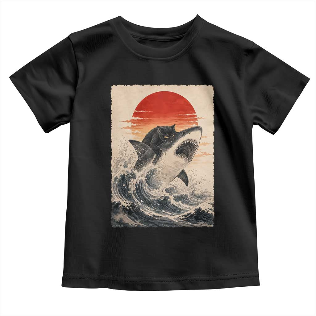 Black Cat Hunting Shark Ukiyo e Ocean Art Toddler T Shirt Funny Japanese Style Graphic TS11 Black Print Your Wear