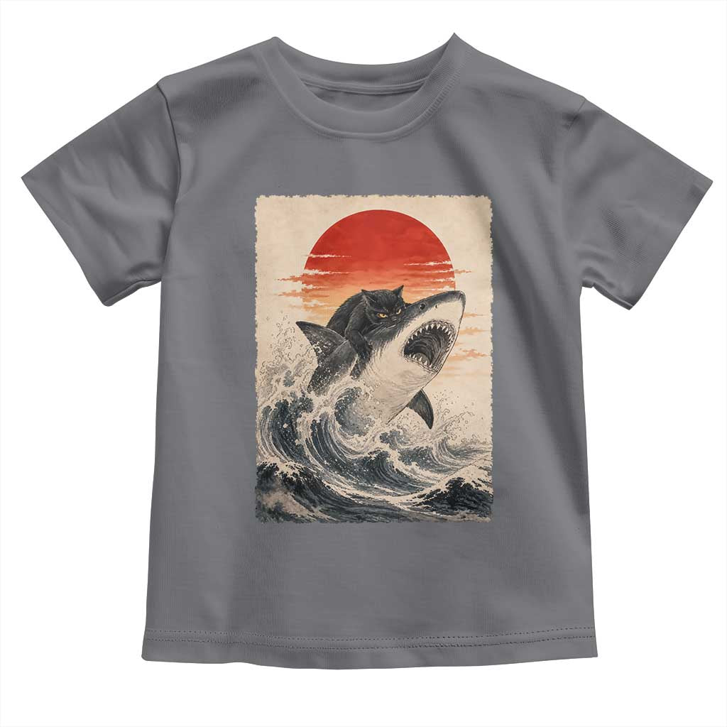 Black Cat Hunting Shark Ukiyo e Ocean Art Toddler T Shirt Funny Japanese Style Graphic TS11 Charcoal Print Your Wear