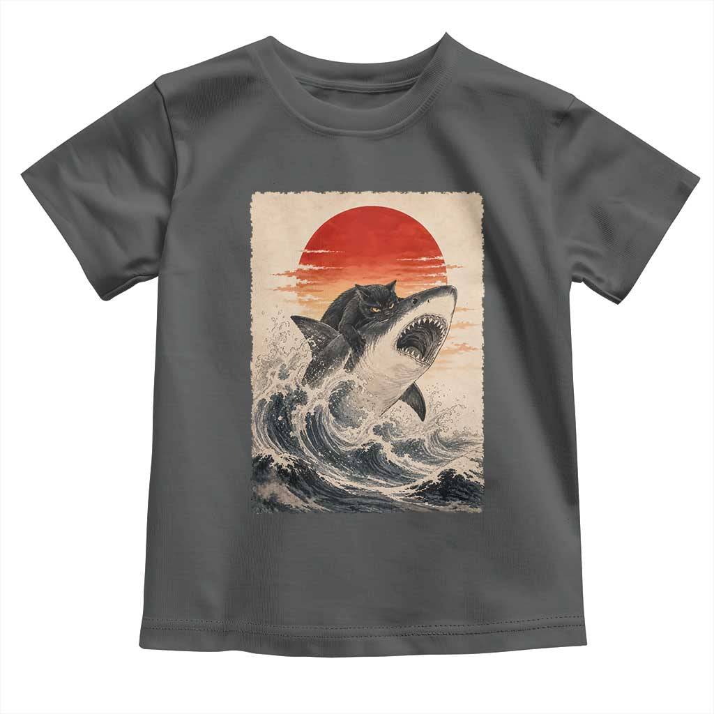 Black Cat Hunting Shark Ukiyo e Ocean Art Toddler T Shirt Funny Japanese Style Graphic TS11 Dark Heather Print Your Wear