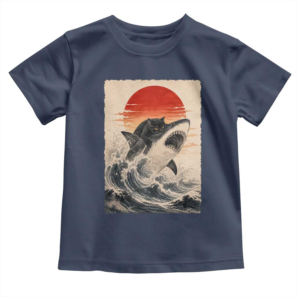 Black Cat Hunting Shark Ukiyo e Ocean Art Toddler T Shirt Funny Japanese Style Graphic TS11 Navy Print Your Wear