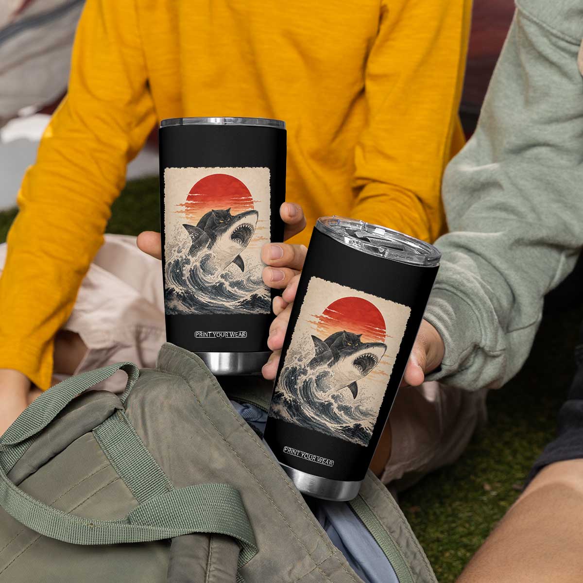 Black Cat Hunting Shark Ukiyo e Ocean Art Tumbler Cup Funny Japanese Style Graphic TS11 Print Your Wear