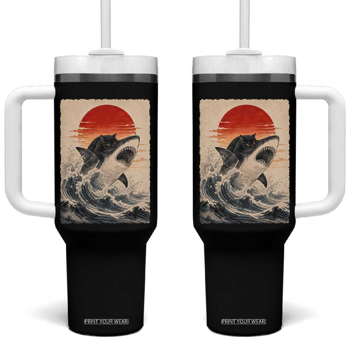 Black Cat Hunting Shark Ukiyo e Ocean Art Tumbler With Handle Funny Japanese Style Graphic TS11 One Size: 40 oz Black Print Your Wear