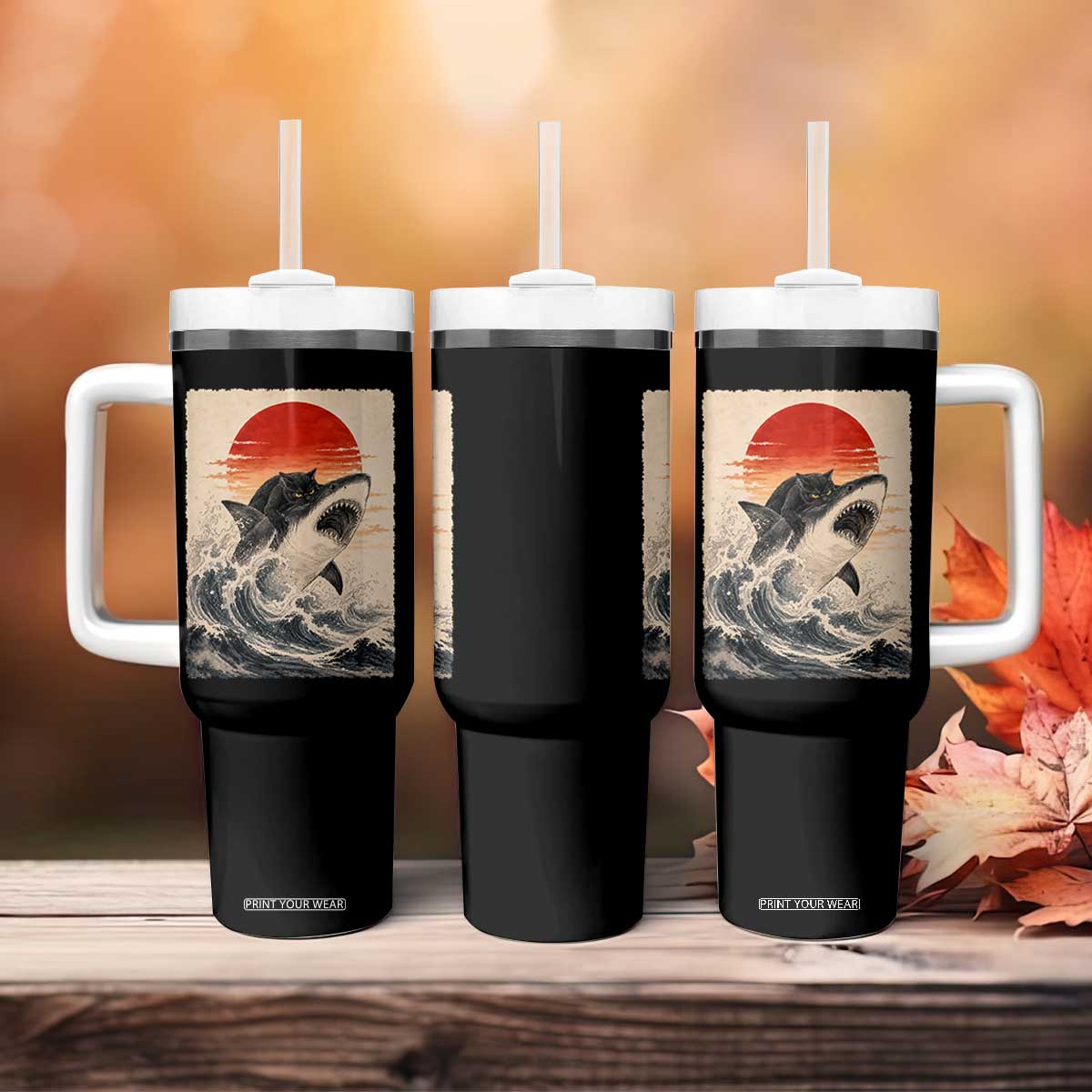 Black Cat Hunting Shark Ukiyo e Ocean Art Tumbler With Handle Funny Japanese Style Graphic TS11 Print Your Wear