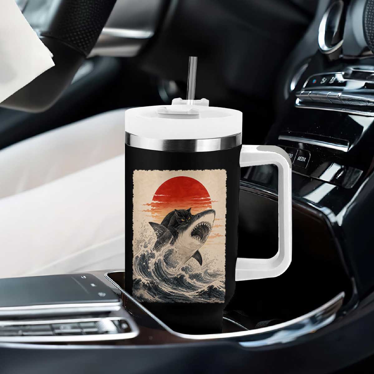 Black Cat Hunting Shark Ukiyo e Ocean Art Tumbler With Handle Funny Japanese Style Graphic TS11 Print Your Wear