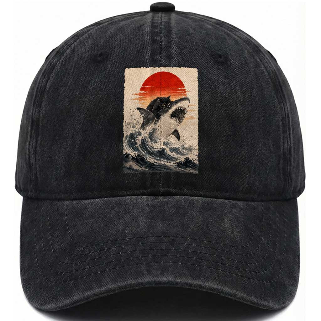 Black Cat Hunting Shark Ukiyo e Ocean Art Washed Cotton Baseball Cap Funny Japanese Style Graphic TS11 Print Your Wear